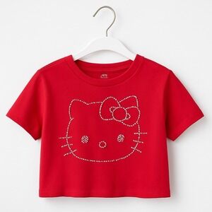 Hello Kitty Crop Top NWT Girls‎ XS TP 4/5 Red Rhinestone Graphic Short Sleeve